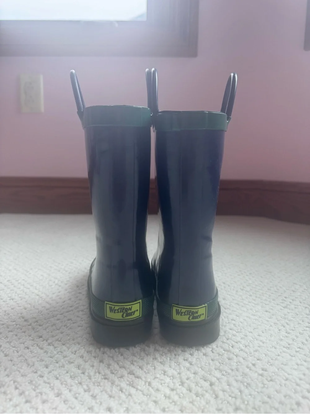 Western Chief- Kids Navy Rain Boots with Green Trim - Easy Pull-On